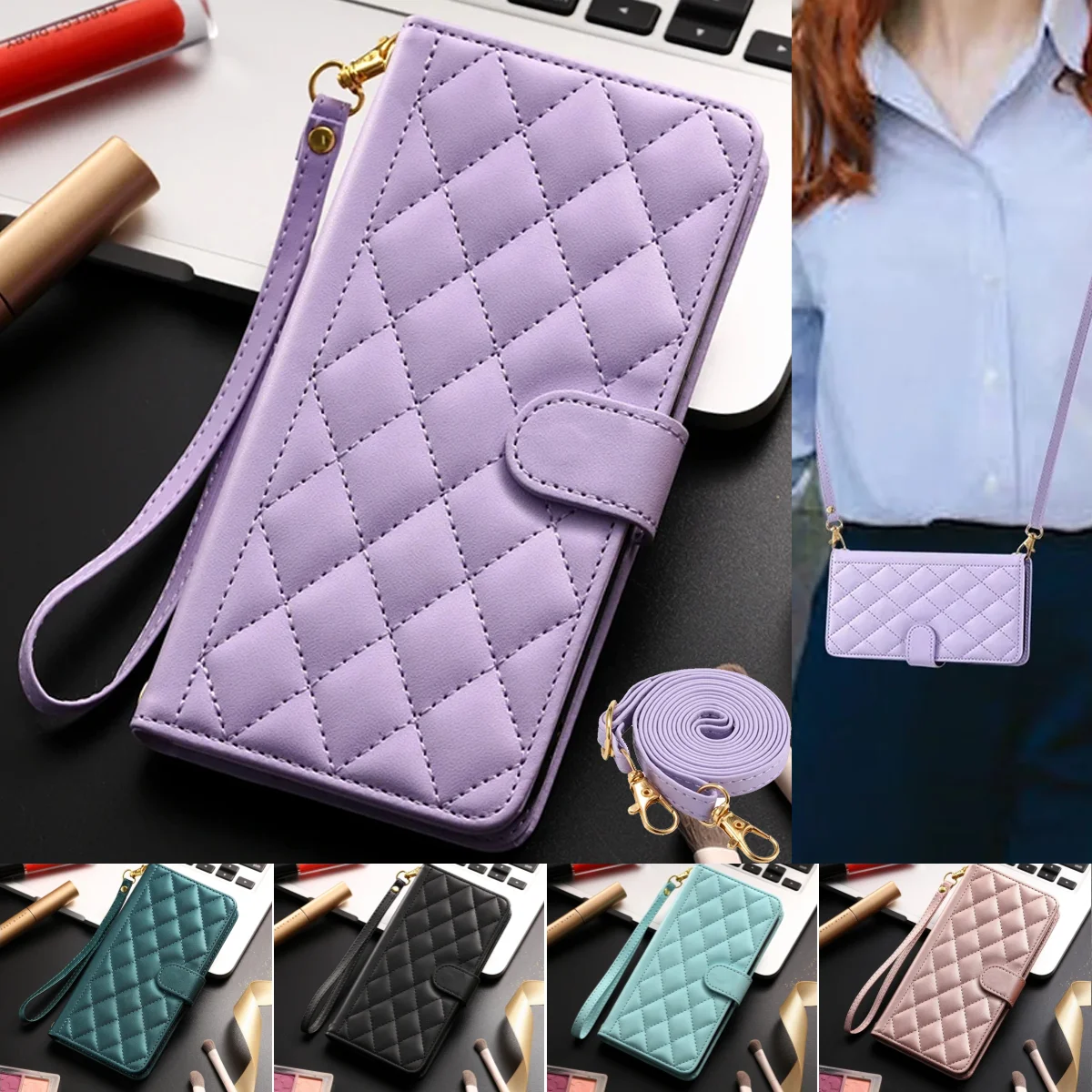 Premium Long Lanyard Flip Leather Wallet Phone Case with Card Holder and Cover