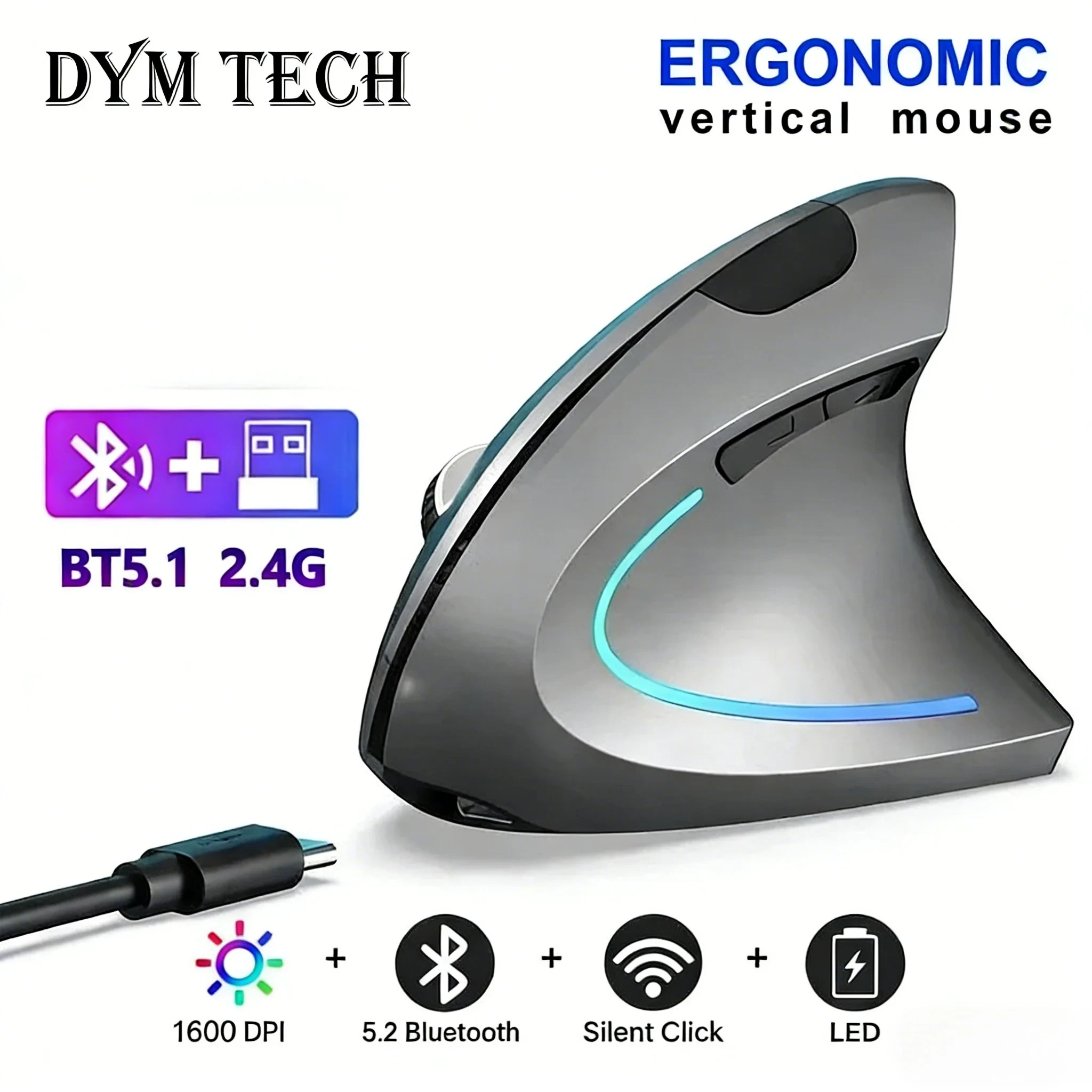 Vertikale ergonomische kabellose wiederaufladbare Gaming-Maus (optisch, 2,4 GHz) für Computer, PC, Laptop und Desktop (USB)_voghion.com