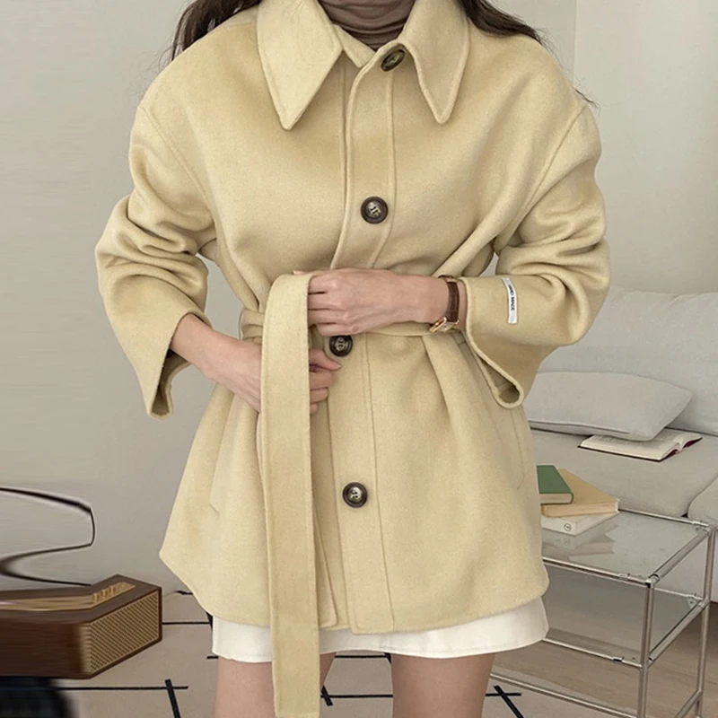 

Chic Thicken Woolen Jacket Women with Belt 2023 Winter Fall Turn-down Collar Blends Coat Ladies Loose Khaki Outfit Autumn Korean