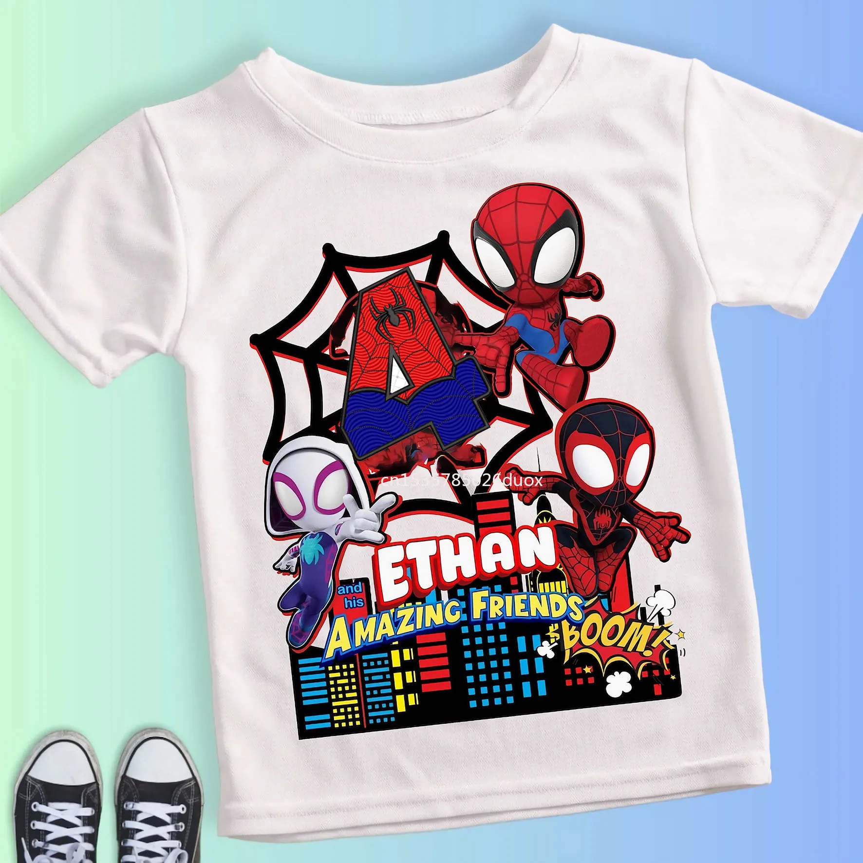 Summer Kid 2 3 4 5 6 7 8 9 Spider Man and His Friends Birthday White Shirt Spider-Man Customized Name Birthday Party Boy T-shirt 3