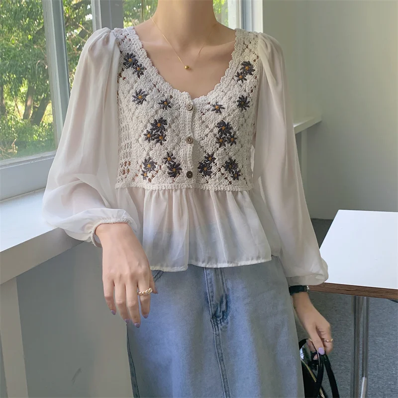 

Женская шифоновая блузка с вышивкой, блузка с длинным рукавом-фонариком и V-образным вырезом в Корейском стиле, весна-лето 2023
