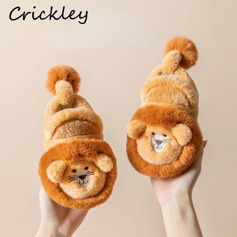 Cartoon Lion Children's Winter Shoes Cute 3D Animals Floor Slippers For Kids Flats Warm Plush Design Child Girls Boys Slippers 3