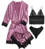 Ensemble pyjama en satin 4 pièces avec robe – Haut de pyjama à bretelles et short avec bordure en dentelle, le pyjama élégant incontournable pour femme
