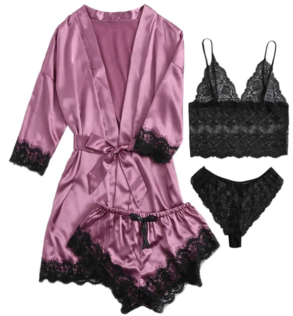 Ensemble pyjama en satin 4 pièces avec robe – Haut de pyjama à bretelles et short avec bordure en dentelle, le pyjama élégant incontournable pour femme
