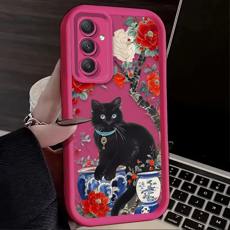 Artistic Black Cat Flower Design Phone Case