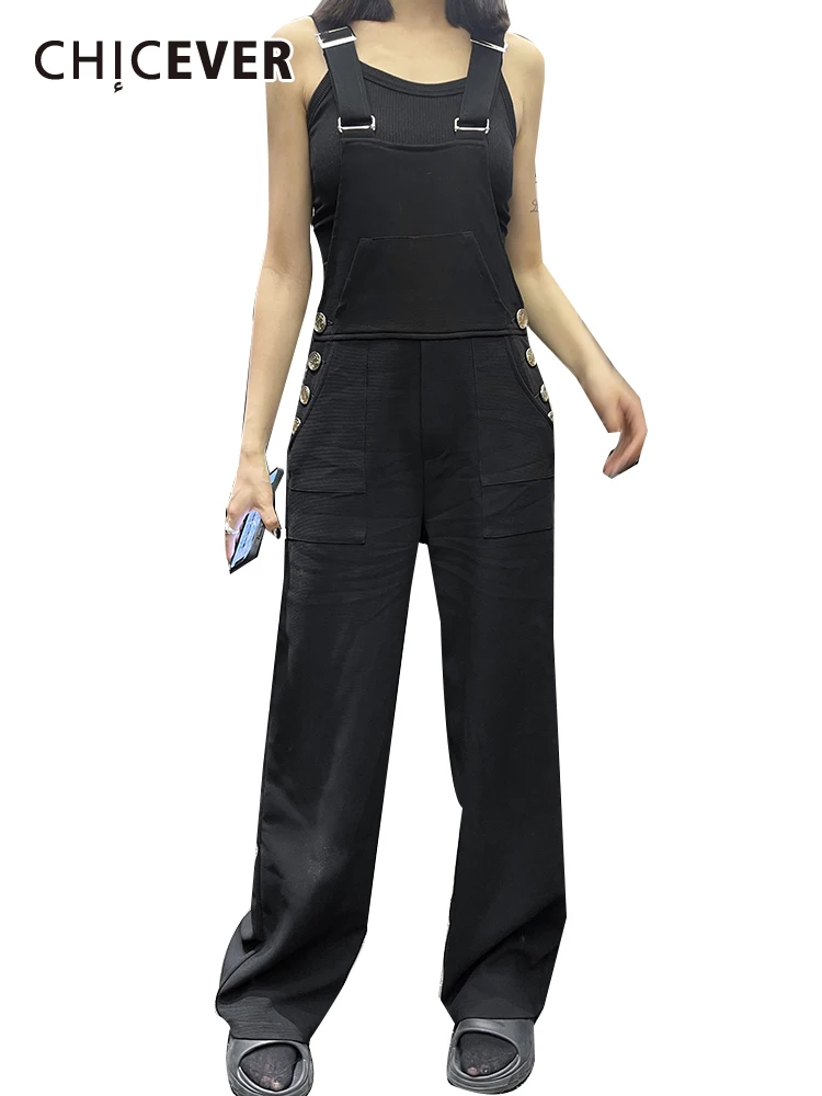 

CHICEVER Minimalist Loose Overalls For Women Square Collar Sleeveless Off Shoulder Patchwork Button Folds Casual Jumpsuit Female