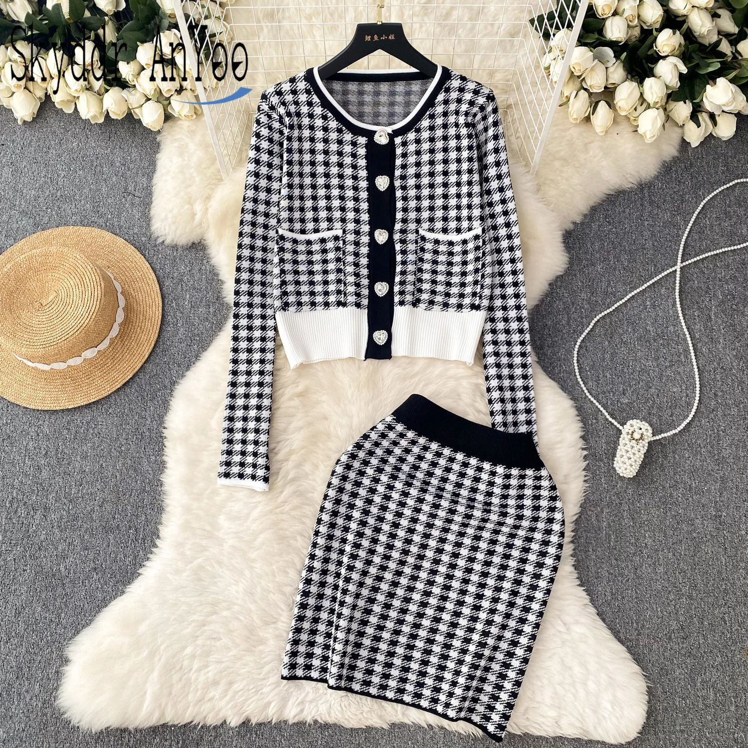 

Autumn Winter Knitted Vintage Women's Suit Thousand Bird Checker Sweater And Mini Bodycon Skirts Sets For Women 2 Pieces Outfit