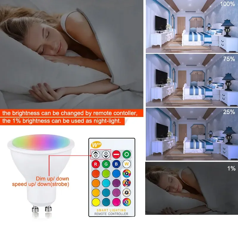 AC 85-265V 10W GU10 LED 전구 RGB 16 색 24 키 원격 제어 침실 주변 조명 거실 배열 조명