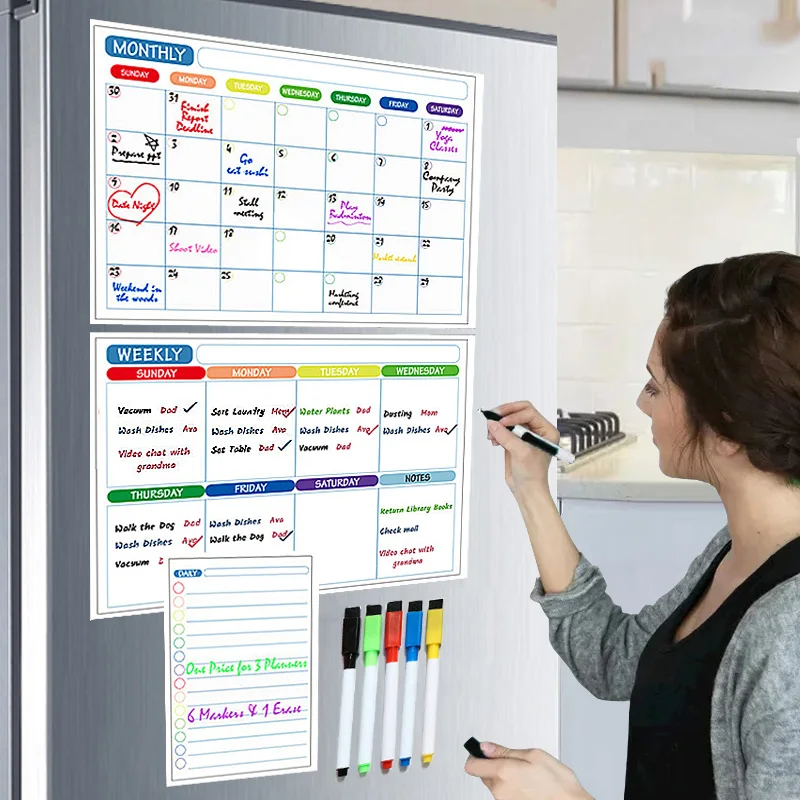 Kalendarz magnetyczny na lodówkę Planner miesięczny/tygodniowy tablicy tabela z kalendarzem łatwe wymazywanie naklejka na lodówkę Menu tablica ogłoszeń