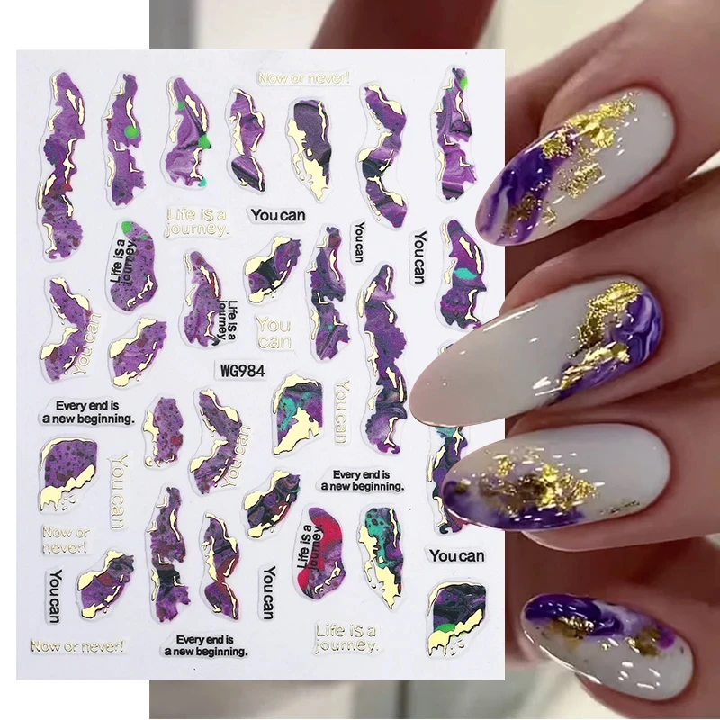 Nail Stickers Purple Marble Nails Stickers Smoke Design Manicure Decals Golden Wave Lines Nail Slider Blooming Ink Sticker