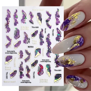 Фиолетовые мраморные наклейки для ногтей дизайн дыма маникюрные наклейки золотые волнистые линии слайдер для ногтей цветущие чернила стикер