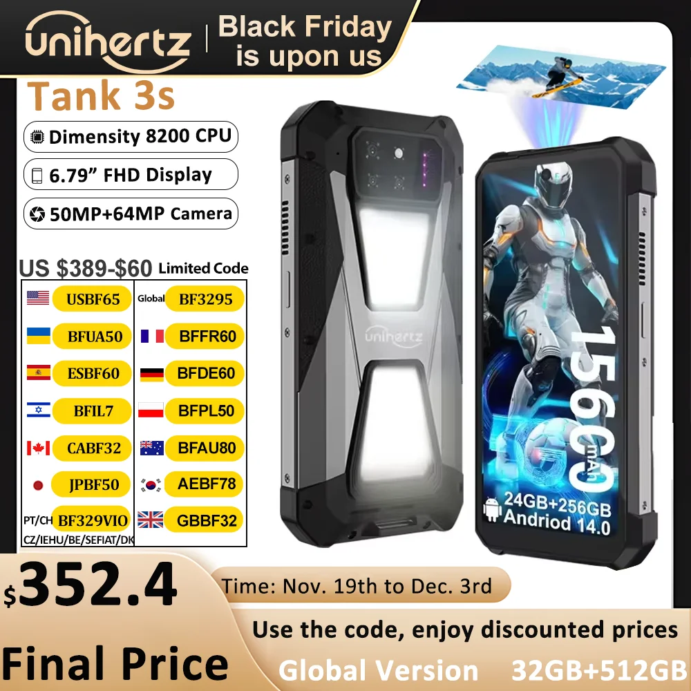 Unihertz tank 3s 8849 powered smartphone with projector 24/32GB 256/512GB Dimension 8200 cellphone 15600mAh 66W phone