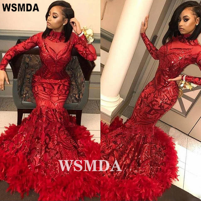 Stunning Feathers Mermaid Prom Dresses Dance Ball Gowns High Neck Long