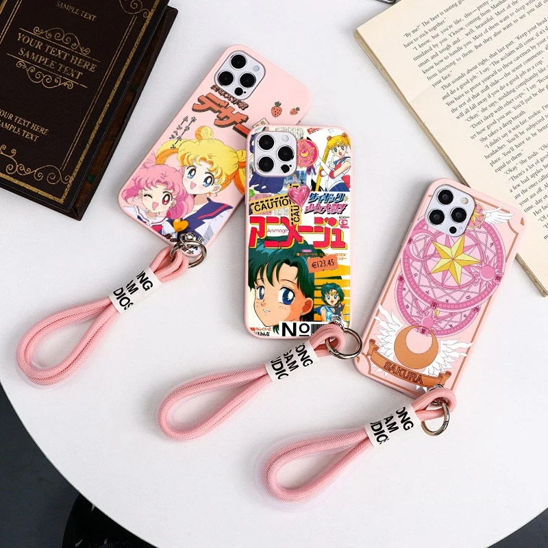 13 pro max cases Cute Sailor Moon Anime Strap Lanyard Phone Case For iPhone 13 11 12 Pro Max XS XR X 6 6s 8 7 Plus SE20 Beautiful Girl Soft Cover best cases for iphone 13 pro max