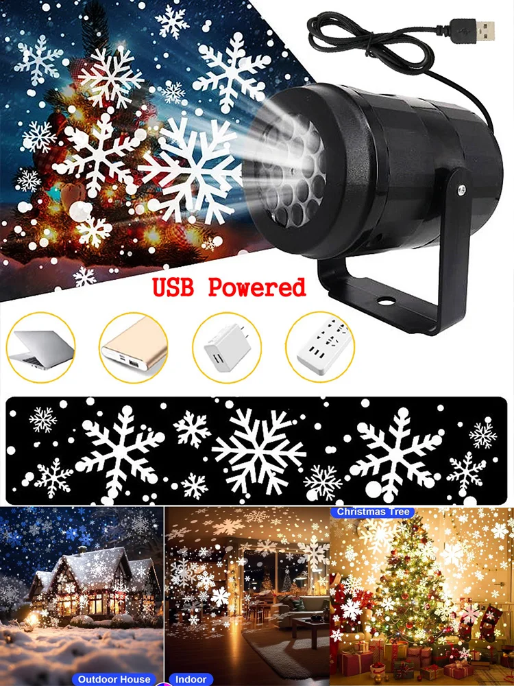 Christmas Snowflake Projector LED Fairy Lights for Bedroom Rotating Dynamic White Snow Projection Lamp Indoor New Year Ornaments