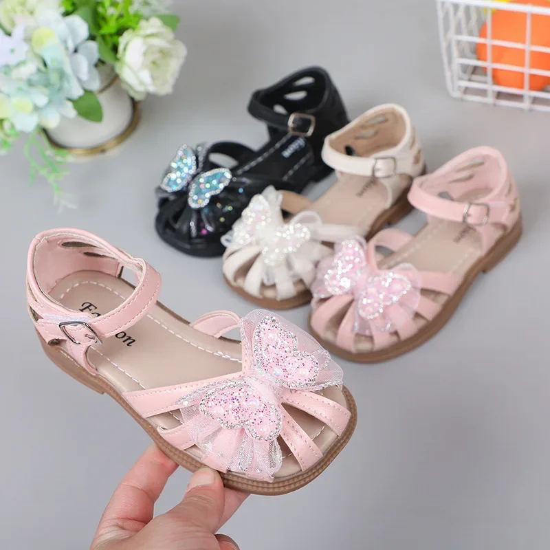 2025 Summer Girls Sandals Princess Beach Shoes Cut-outs Kids Sandals Crystal Butterfly Lace Sweet Soft Breathable Anti-kick Cute