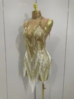 Stock 2025 Women Sexy Stretch Mesh Sparkly Rhinestone Tassels Mini Dress Nightclub Singer Dance Stage Costume Evening Gowns - Image 2