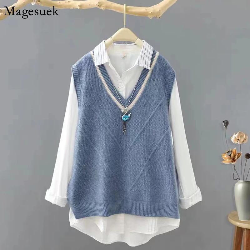

V-neck Pullover Knitted Sweater Vest Women Loose Sleeveless Vest Sweater Autumn 2022 Warm Solid Casual Sweaters Vests Tops 22981