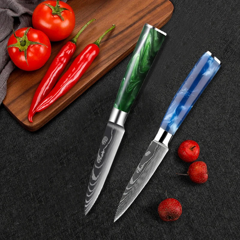 Japanese Fruit Knife Resin Handle Laser Damascus Pattern Ultra-Sharp Cutting Vegetable Boning Kitchen Utility BBQ