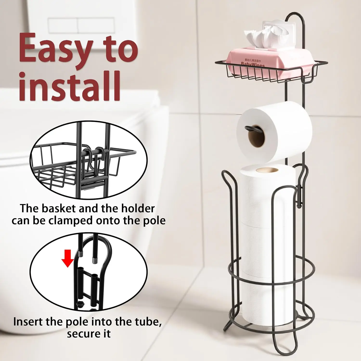 Toilet Paper Holder Stand Bathroom Toilet Paper Storage with Raised Base Tissue Roll Dispenser with Top Shelf