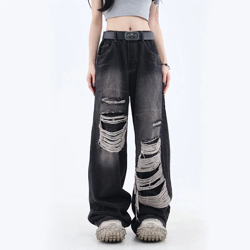 

Y2K Vintage Black Hole Women Jeans Bf Summer Blue High Waist Hip Hop Loose Wide Leg Pants Korean Solid Straight Denim Pants New