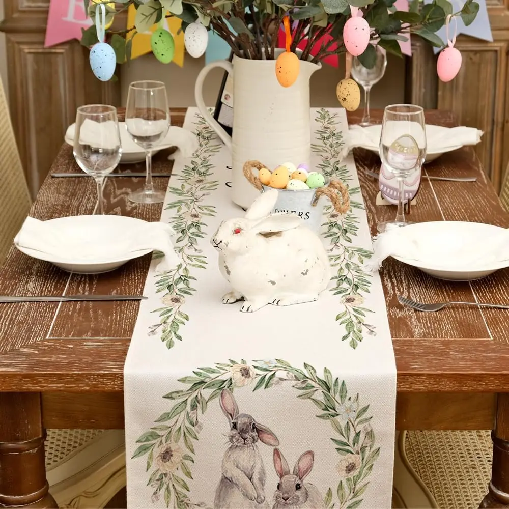 Easter Bunny Rabbit Leaf Floral Linen Table Runner Holiday Party Decor Spring Farmhouse Dining Table Runner Easter Decorations 2