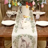 Easter Bunny Rabbit Leaf Floral Linen Table Runner Holiday Party Decor Spring Farmhouse Dining Table Runner Easter Decorations 2