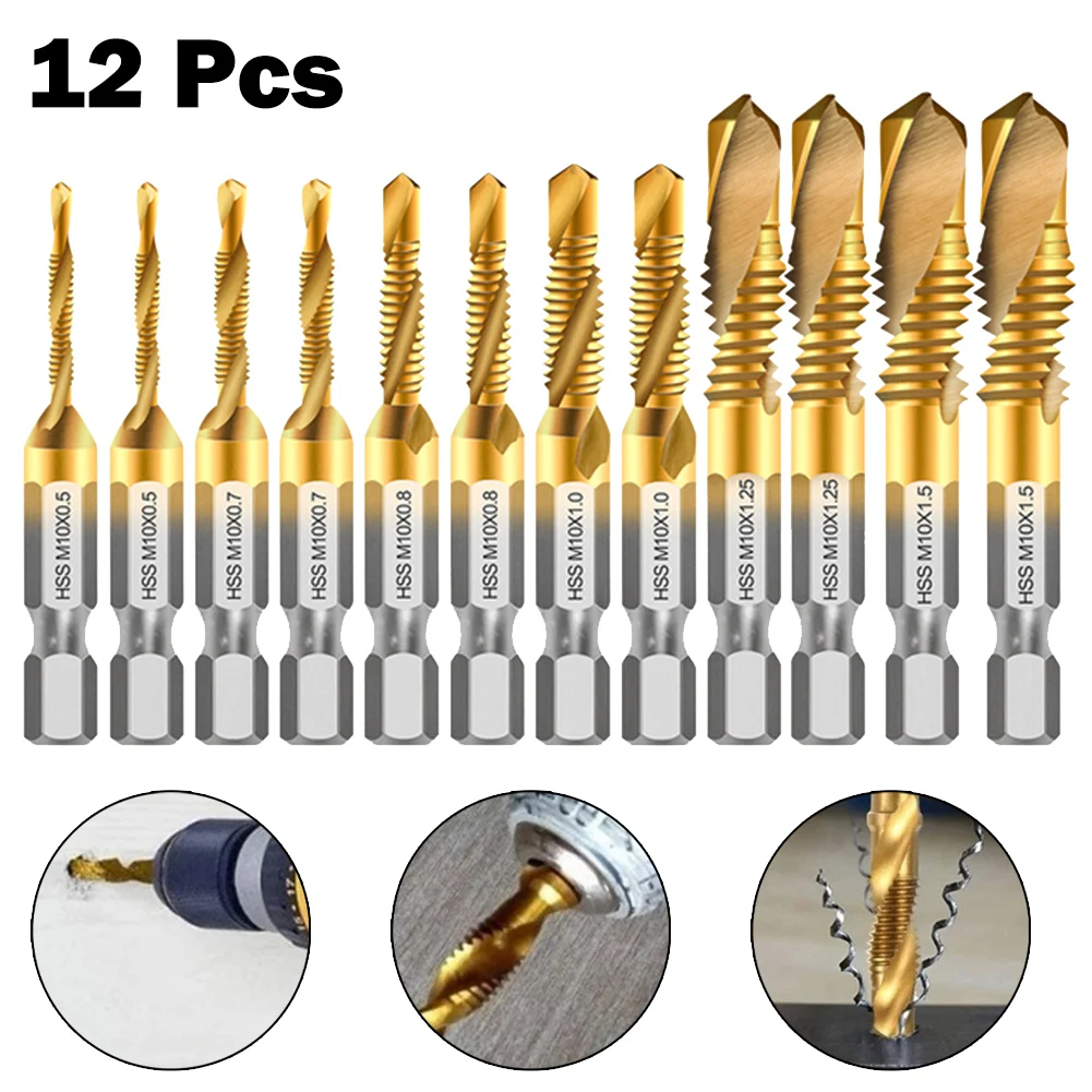 12pcs Tap Drill Bit Set Hex Shank Titanium Plated HSS Screw Thread Bit Screw Machine Compound Tap For Metal Steel Wood Plastic