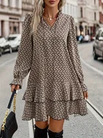 Plus Size 1XL-5XL Women Fashion Print Dress V-neck Casual Long Sleeve Party Flare Sleeve Ruffle Loose Dress - Image 2
