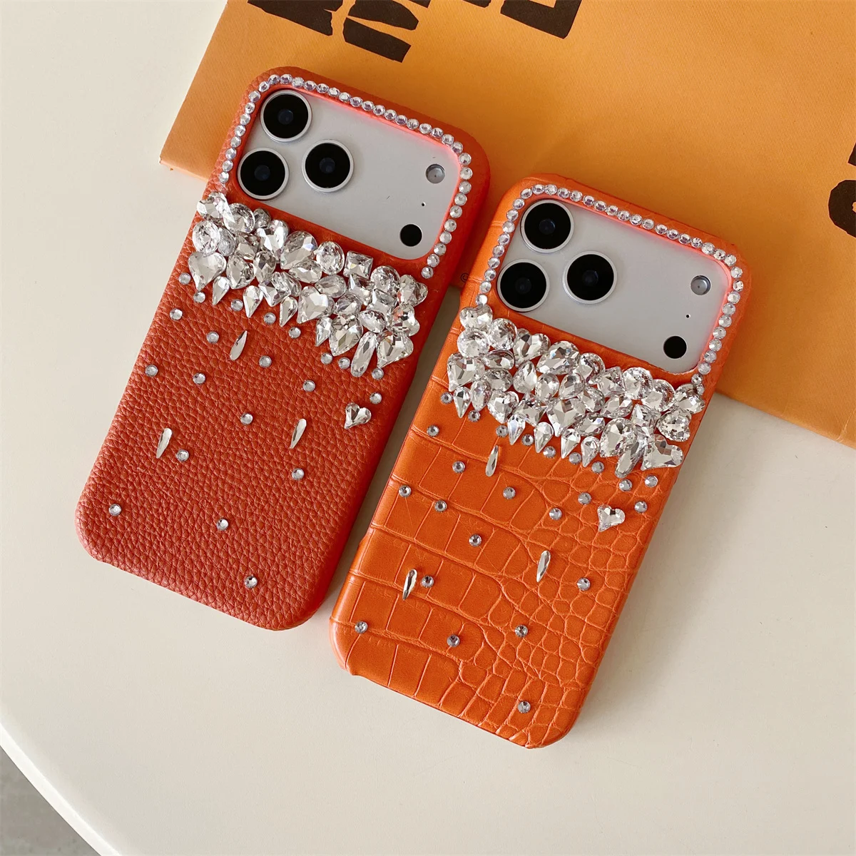 Luxury Orange Leather Glitter Diamond Phone Case with Rhinestone Accents