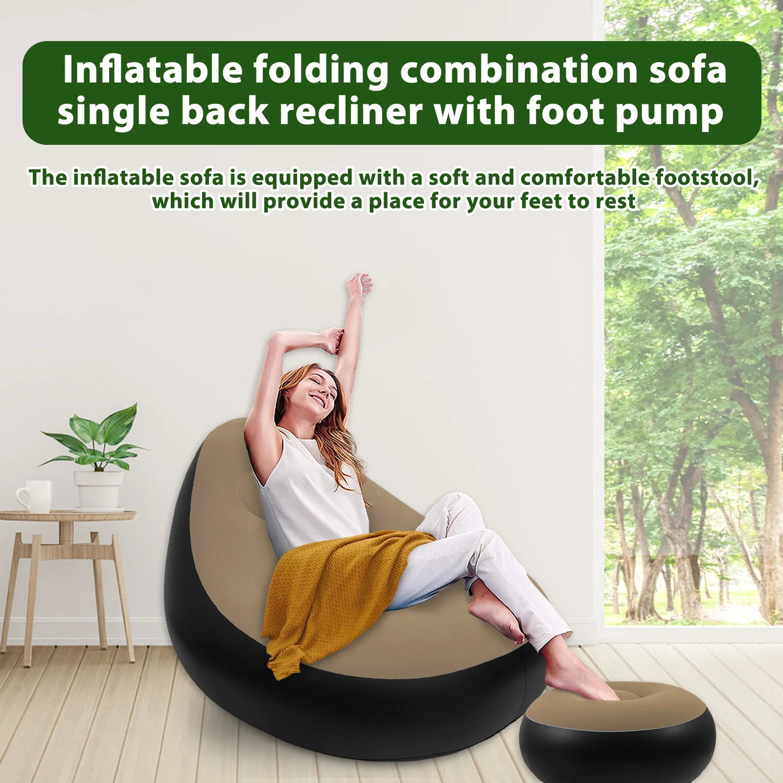 Inflatable Chair with Ottoman Leisure Bean Bag Lazy Sofa Set Portable Flocked Surface Air Sofa Comfortable Outdoor Blow Up Couch