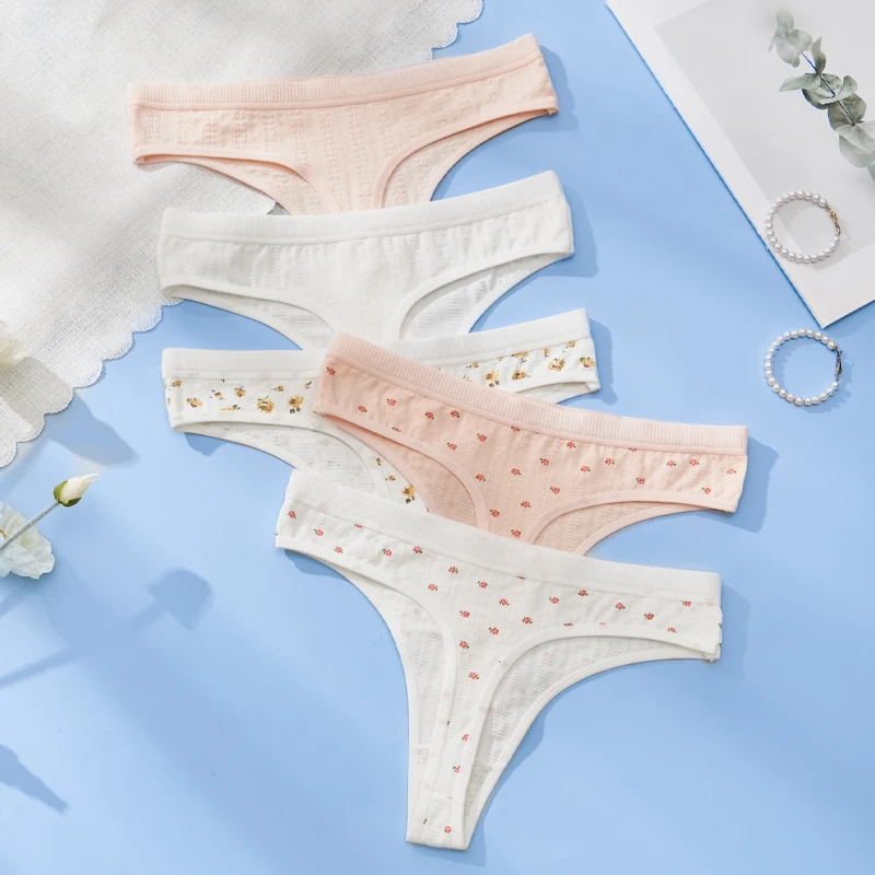 Sexy Women's Cotton Thong Panties 5pcs Low Rise Soft Comfortable Underwear Breathable Ladies Panties Bowknot for Everyday Wear