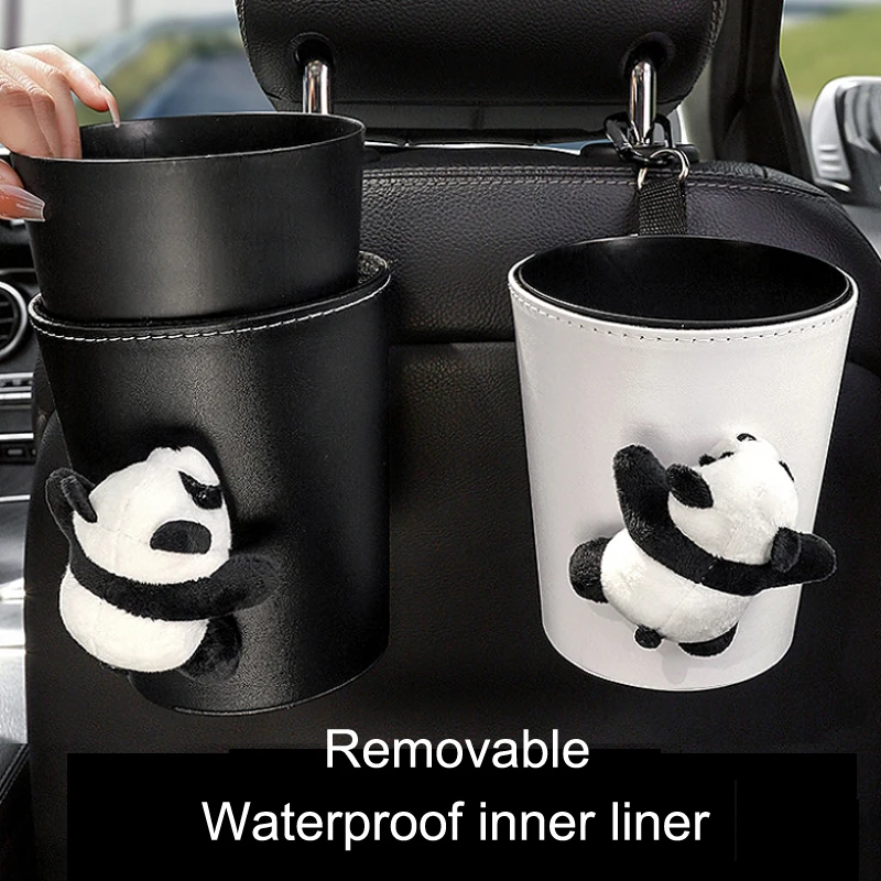 Cute Cartoon Panda Doll Car Trash Bin Can Waterproof Back Seat Headrest Mini Auto Air Vent Organizer Rubbish Bag Storage