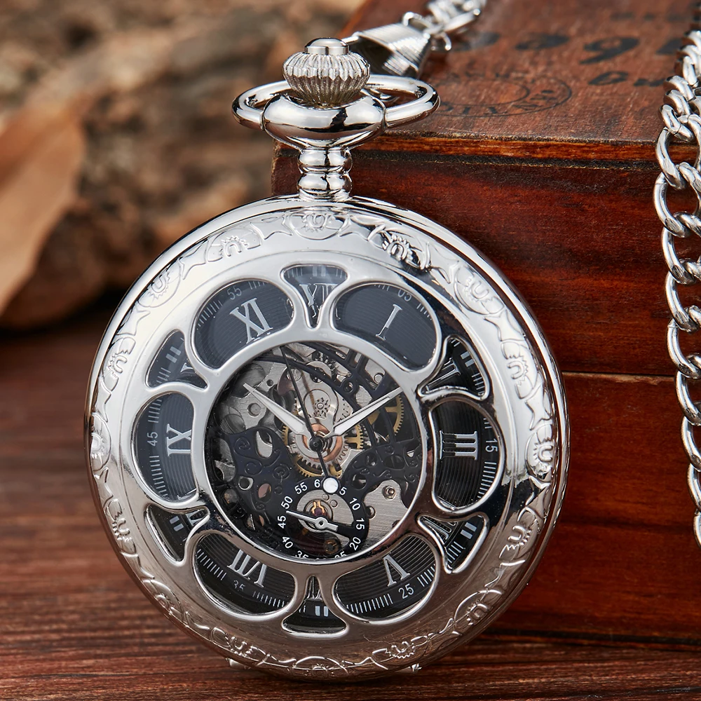 Roman Numeral Mechanical Pocket Watch Engrave Carving Sliver Case Steampunk Skeleton Fob Chain Clock Men