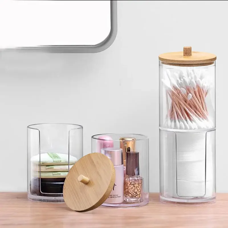 

Bamboo Lid Cotton Swab Storage Box Makeup Remover Cotton Box Bathroom Overlay Storage Tank Acrylic Cotton Ball Dustproof Box