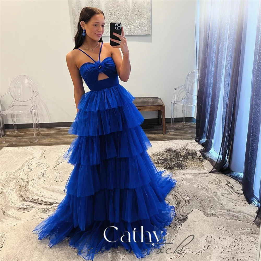 

Cathy Dark Blue Prom Dresses Halter Neck Tulle Evening Dress Elegant Sleeveless Backless Tower Style Party vestidos de fiesta