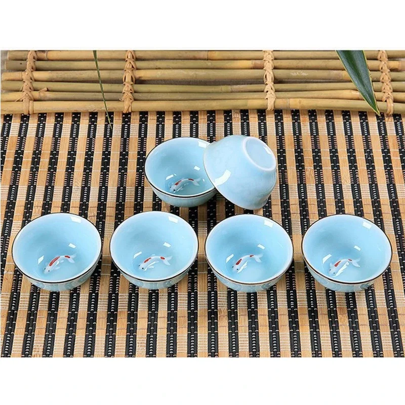 Celadon Chinese Kungfu Tea Cups Green/ Blue Embossed Carp Goldfish Teacup Small Fish Creative Ceramic Tasting Cup 40ml 6.3*3cm