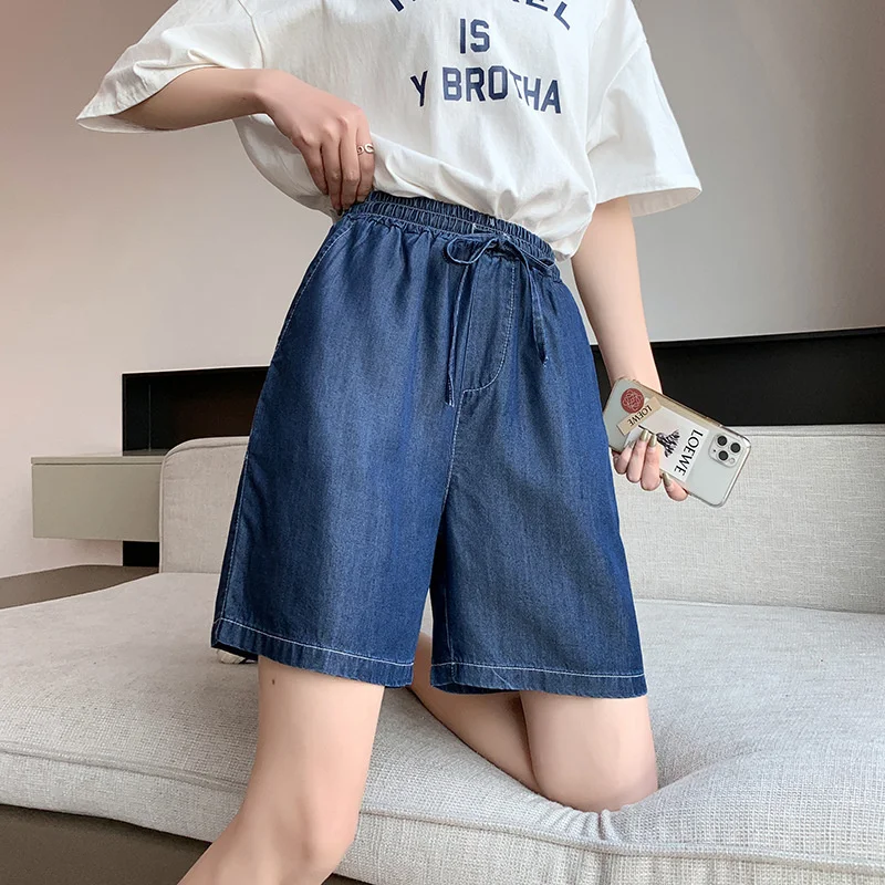 Wide Leg Jeans Shorts Summer Lyocell Straight Shorts for Women High Waist Casual Thin Female Pants Plus Size Loose Bottoms