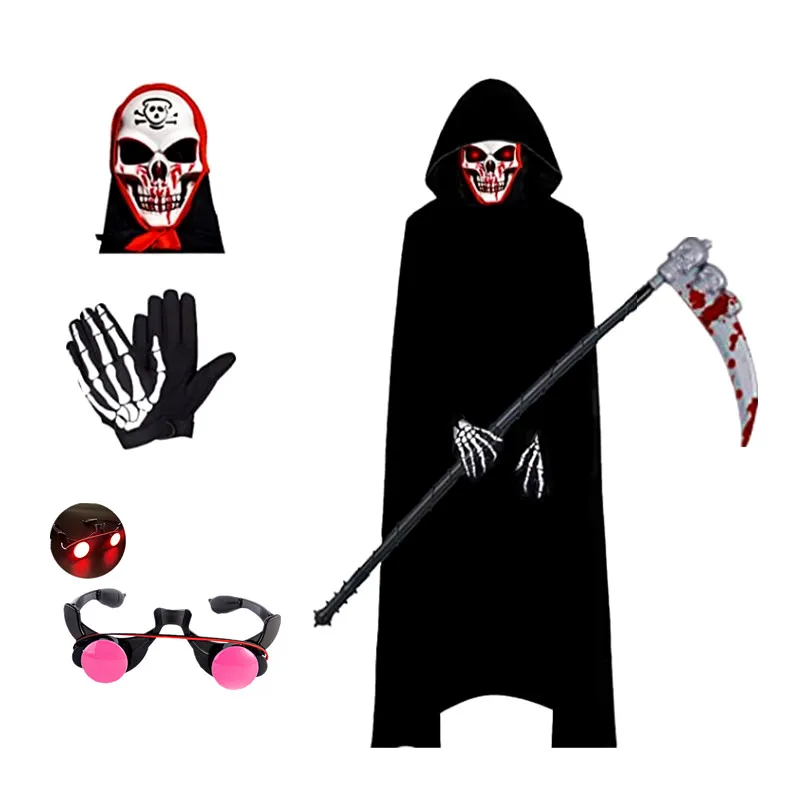 

Halloween Devil Dripping Blood Mask Scary Costume Grim Reaper Costume for Boys Kids Costume with Glowing Red Eyes with Gloves