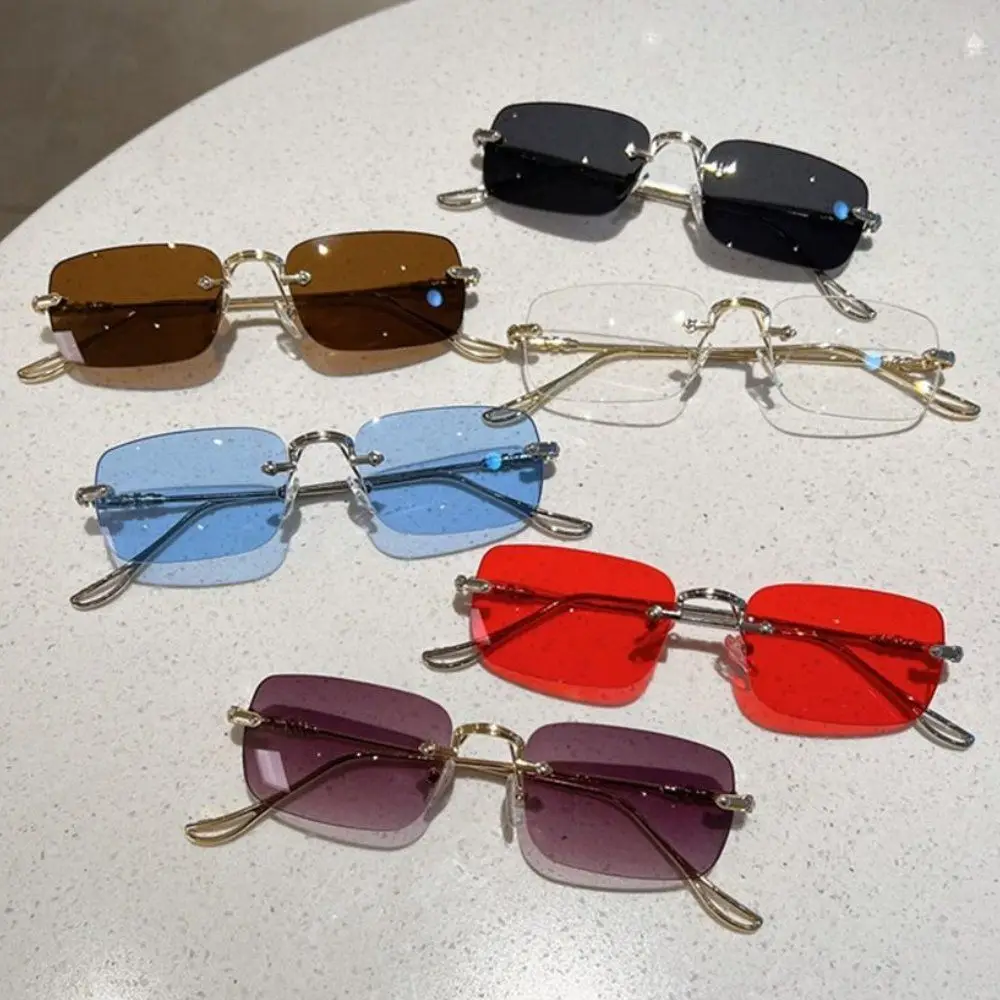 

Rimless Metal Rectangle Sunglasses Men Women Fashion Vintage Shades Brand Design Trendy Ocean Lenses Sun Glasses UV400 Eyewear