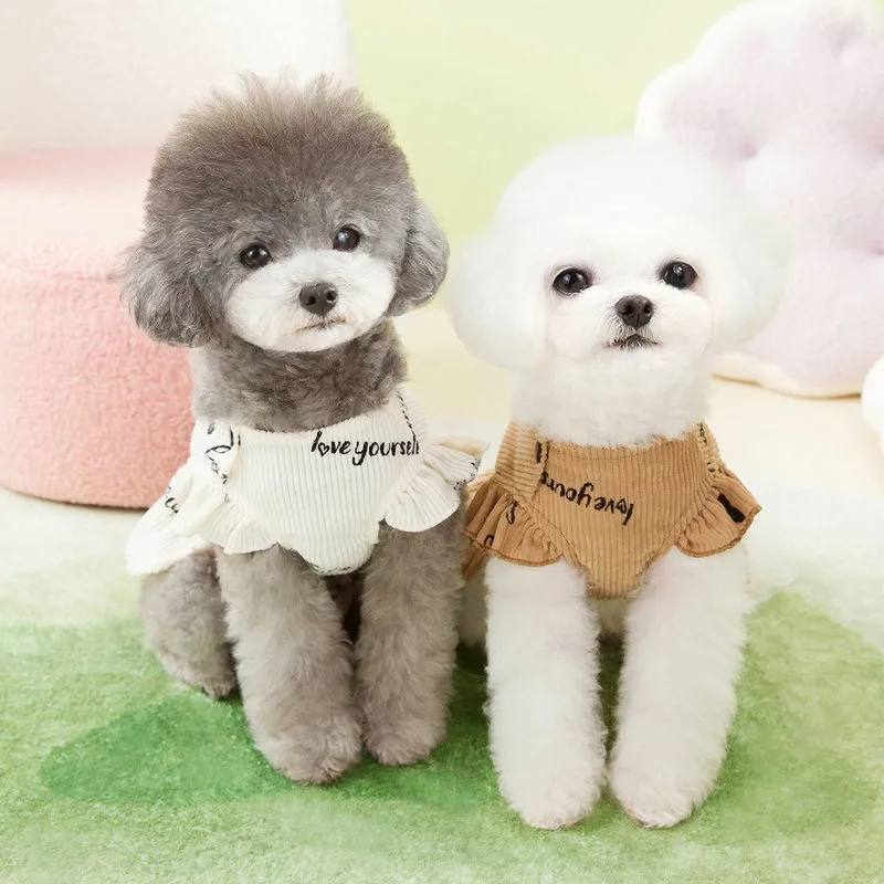Cute Teddy Bear Dog Dress Luxury Corduroy Skirt Chihuahua Traction Harness Puppy Spring Clothes Carnival Costumes for Small Pets