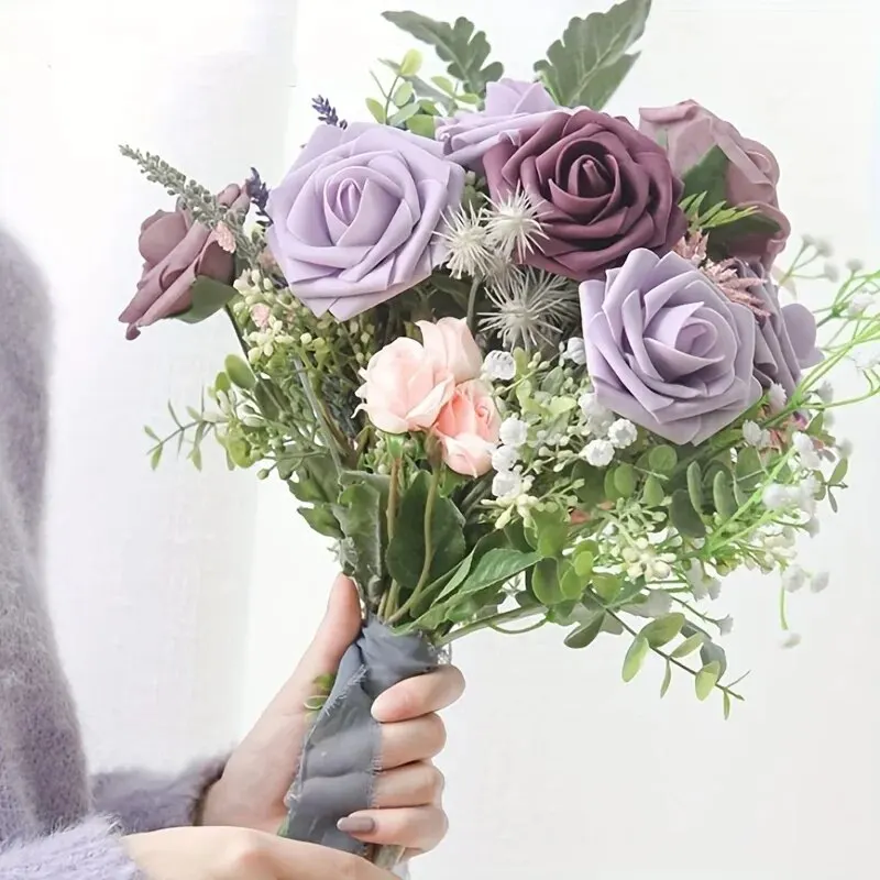 25 Rose Artificiali In Schiuma Di Lattice - Viola, Con Stelo E Foglie, Realistiche, Per Bouquet E Decorazioni