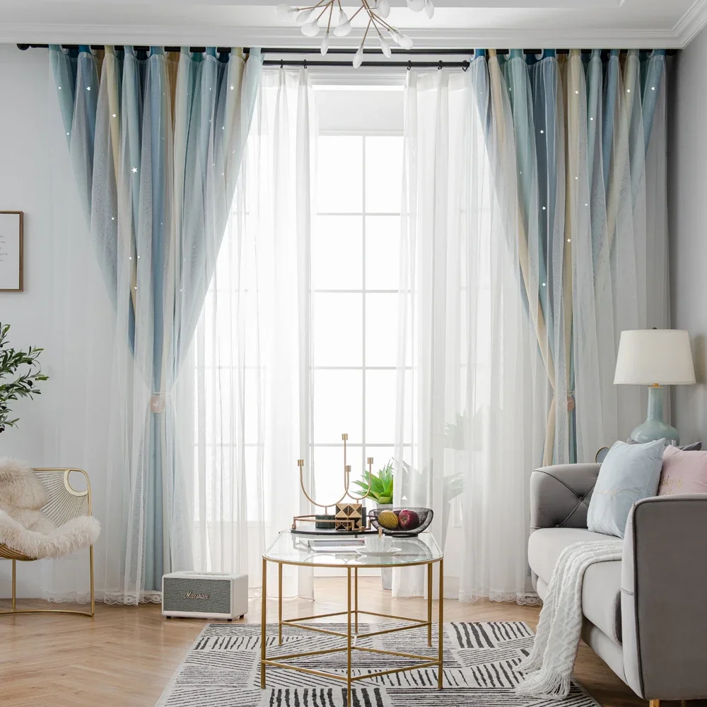 Ahoyikaa Shiny Hollow Stars Double Blackout Curtains Gradient Color Cloth White Sheer Yarn For Living Room Bedroom Decoration 5