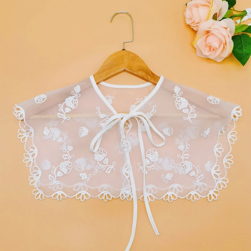 

Women Elegant White Rectangular Fake Collar Shawl Sweet Embroidered Sequins Floral Large Scarf Capelet Lace-Up Bow Poncho Dickey