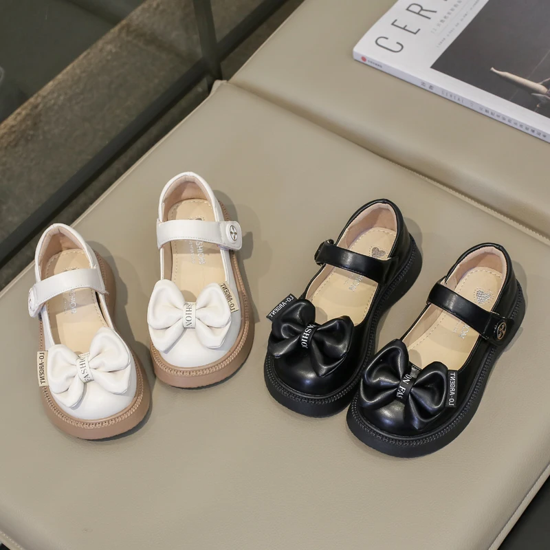 Kids Leather Shoes for Girls Round-toe Bow Hook & Loop Spring and Summer Thick Bottom Soft Princess Shoes Simple Non-slip