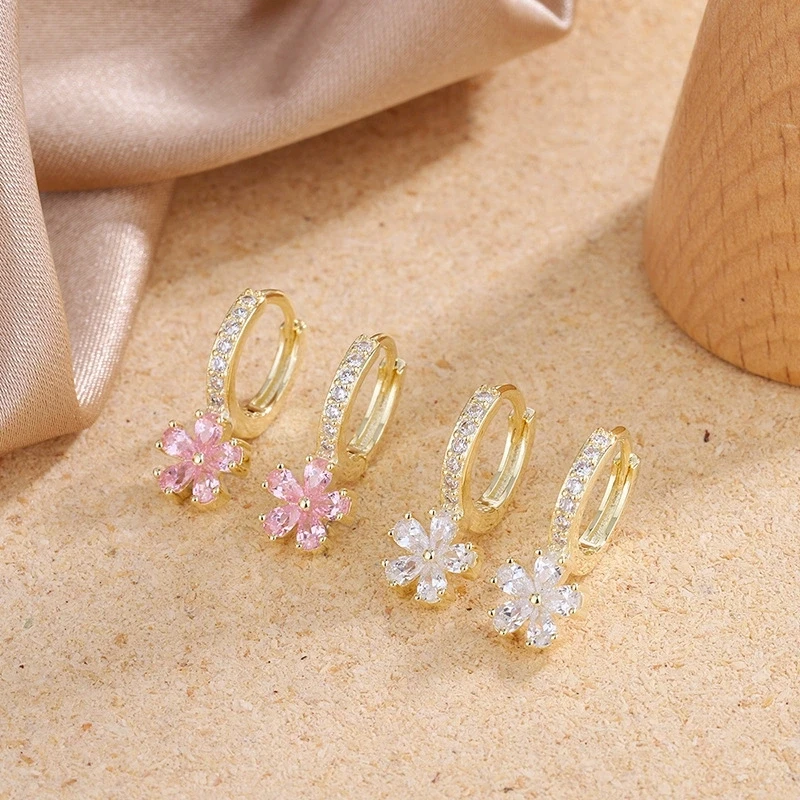 White Zircon Plumeria Pink Crystal Flower Hoop Earrings For Women Vintage Gold Color Ear Buckle Wedding Jewelry Valentines Gift
