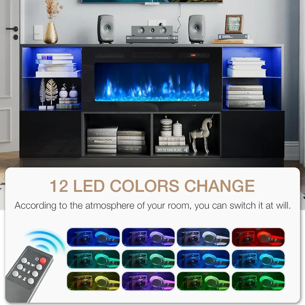 Fireplace TV Stand with 36” Electric Fireplace, 70” TV Console Stand for TVs Up to 80", LED Light Entertainment Center 3