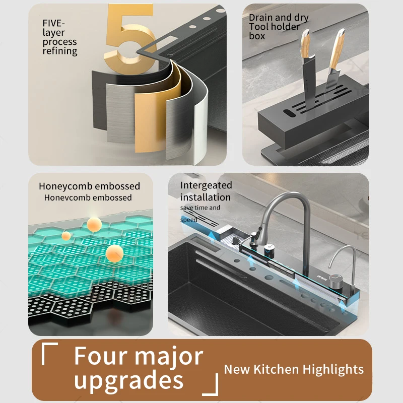 Honeycomb Embossed Kitchen Sink Stainless Steel Piano Key Wash Vegetable Fruit Basin with chopping board Large Single Sink
