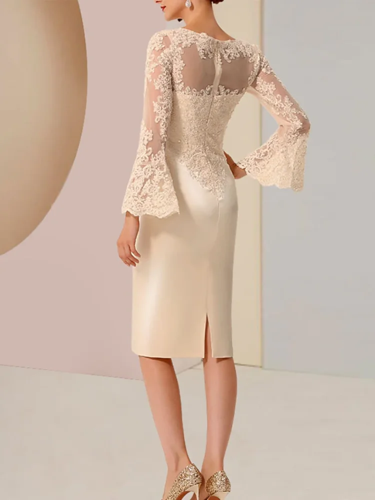 

Sheath Mother of the Bride Dress Wedding Guest Vintage Luxurious Plus Size Jewel Neck Knee Length Satin Lace Evening Party Gown