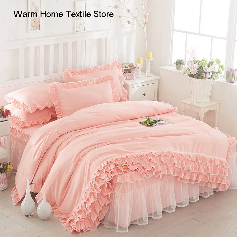 Korean Princess Duvet Cover 4 Piece Set Solid Color Ruffles Lace Quilt Cover And Pillowcase For Girl Woman Romantic Bedspread 1